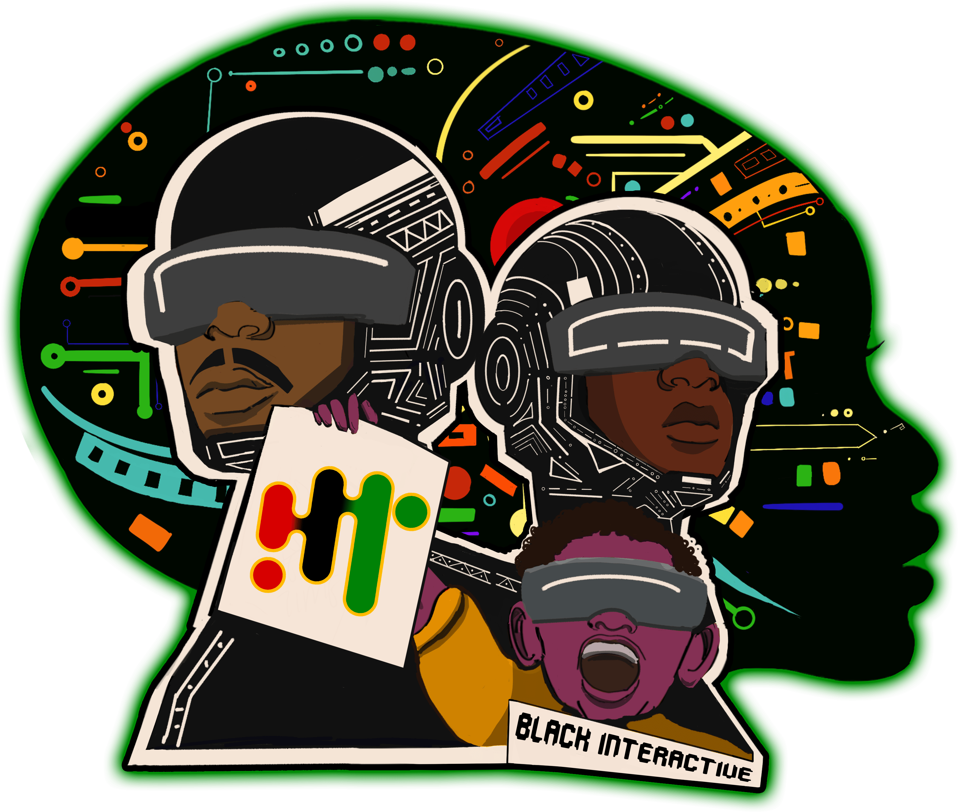 3 futuristic Black people in front of a motherboard shaped like an African matriarch's head